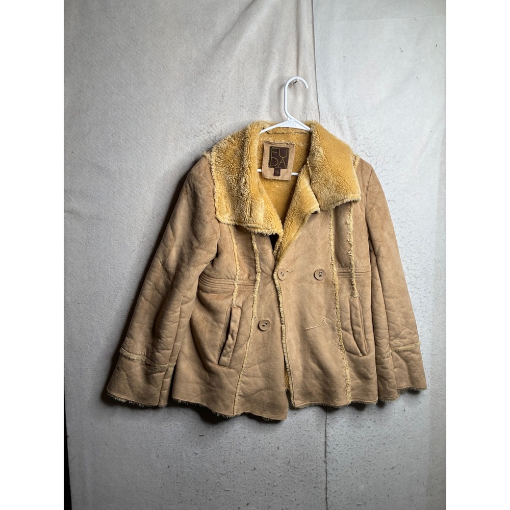 Fuda Faux Suede Shearling Jacket Tan Camel Faux Fur Lined Double Breasted Medium
